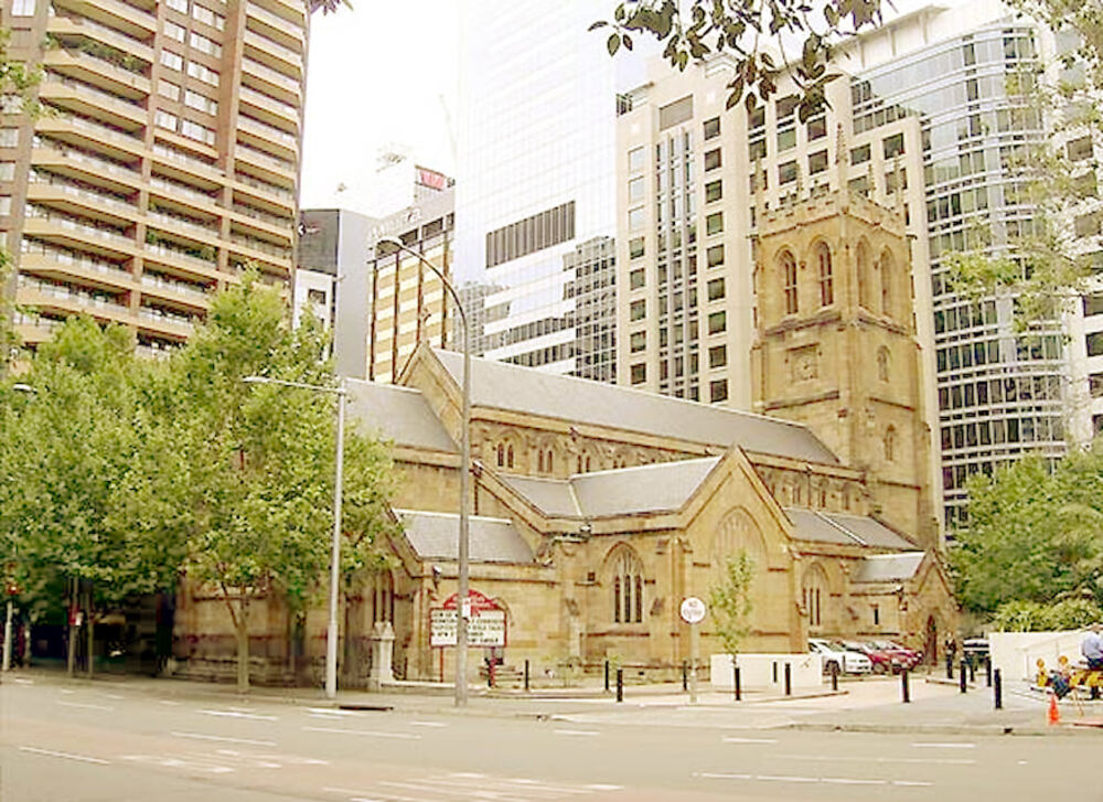 St Philip's Church Hill among the city buildings on York Street